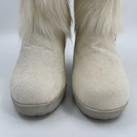 Bearpaw Wedge Goat Fur Winter Boots Womens 5 White Feathers - Picture 5 of 9